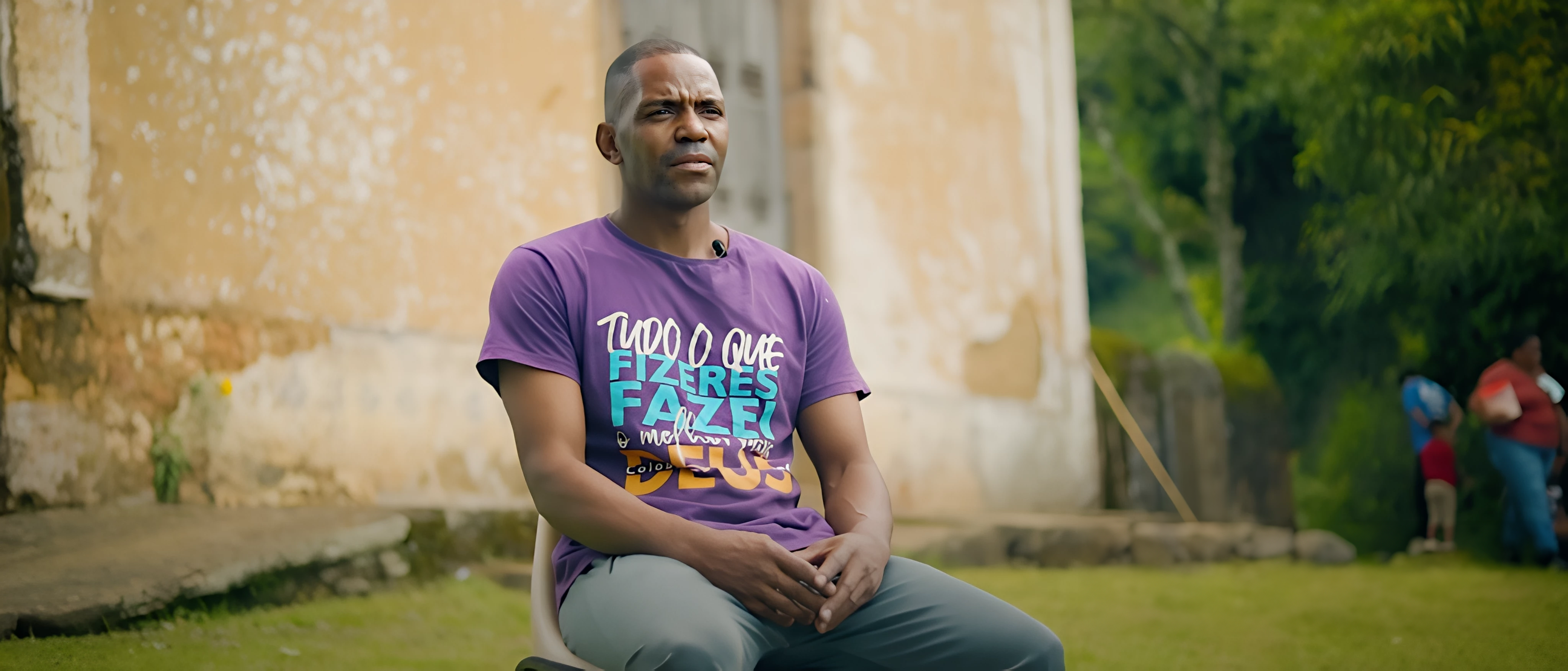 Homem de 40 anos de idade em frente a uma igreja dando entrevista